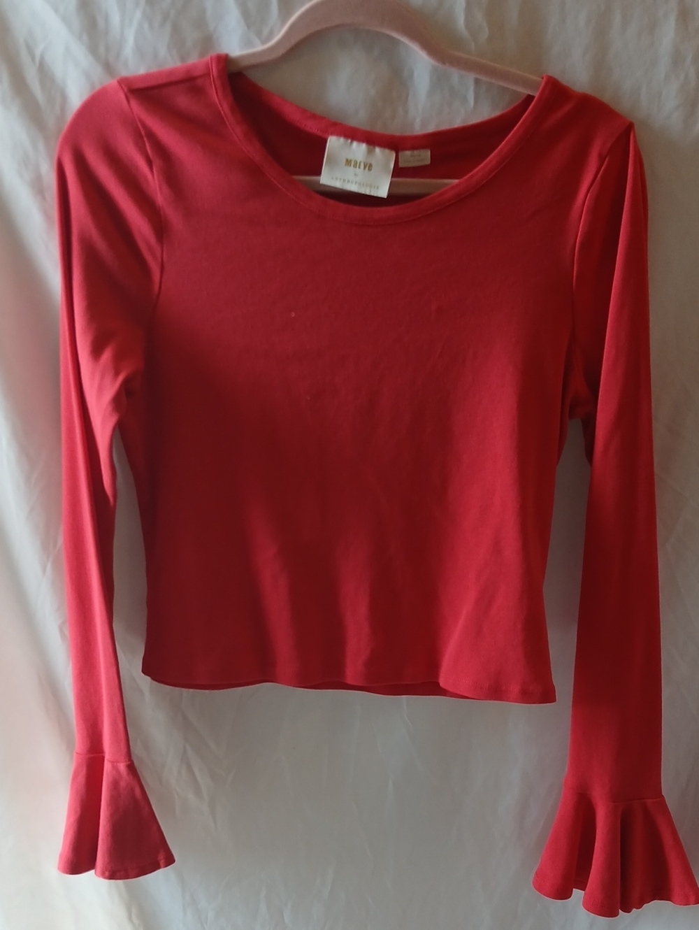 Maeve Bright Red Long-Sleeve Ruffle Cuff Tee
